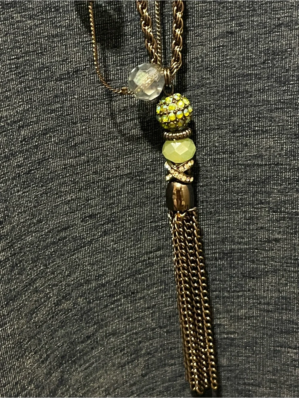 Set of Necklaces - Gunmetal Tassel and Light Green and Clear Beads